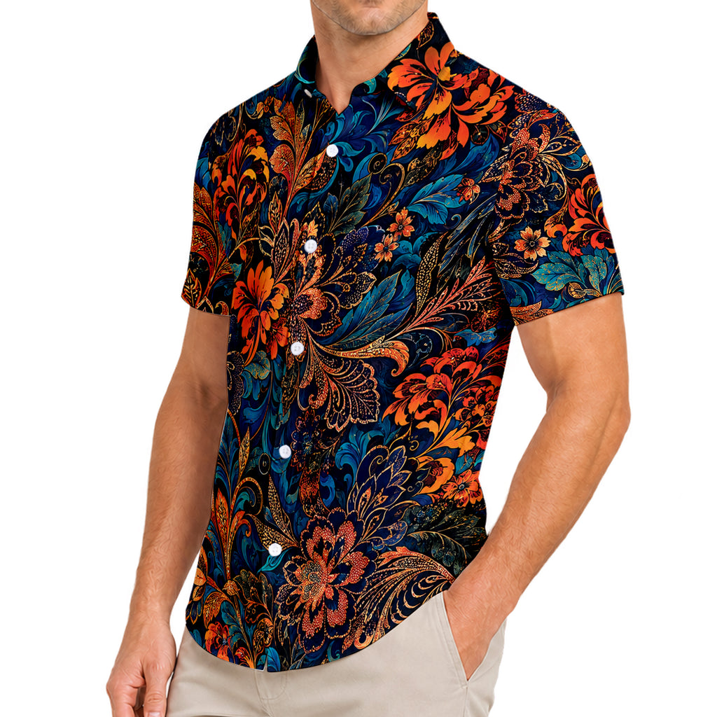 Navy Baroque Floral Short Sleeve Button-Up Shirt