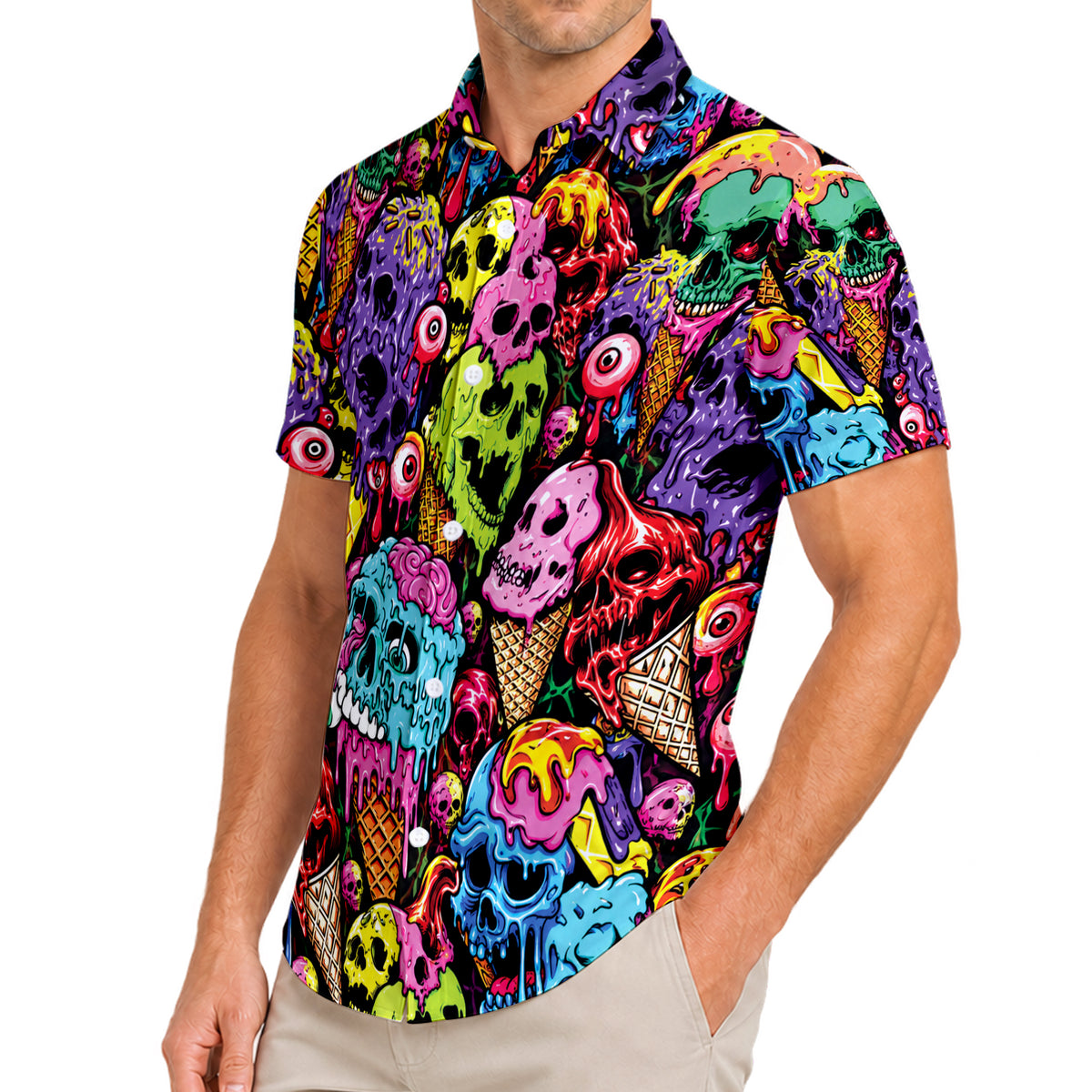 Multicolor Skull Ice Cream Short Sleeve Button-Up Shirt