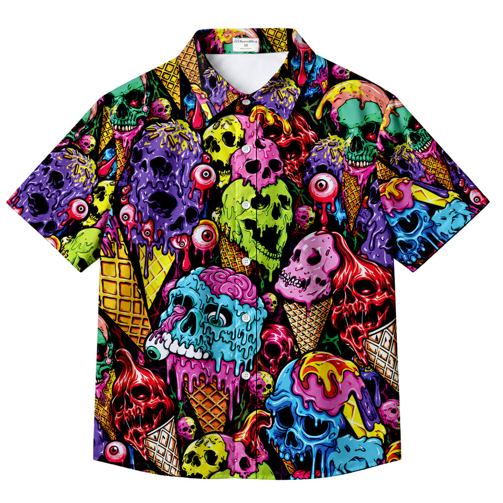 Multicolor Skull Ice Cream Short Sleeve Button-Up Shirt