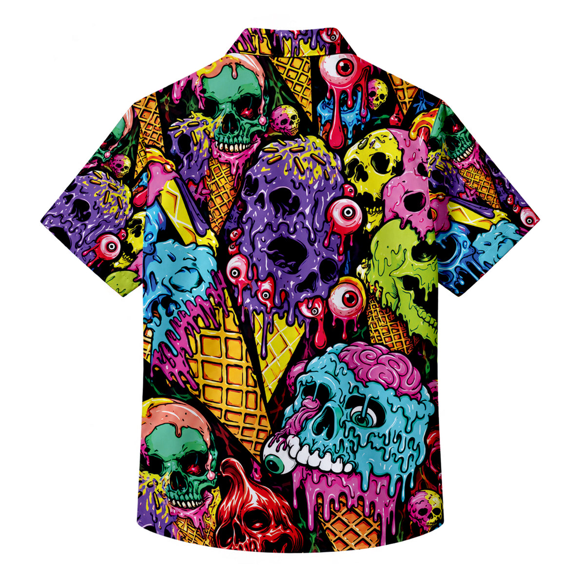 Multicolor Skull Ice Cream Short Sleeve Button-Up Shirt
