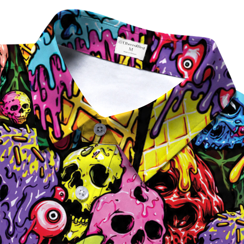 Multicolor Skull Ice Cream Short Sleeve Button-Up Shirt