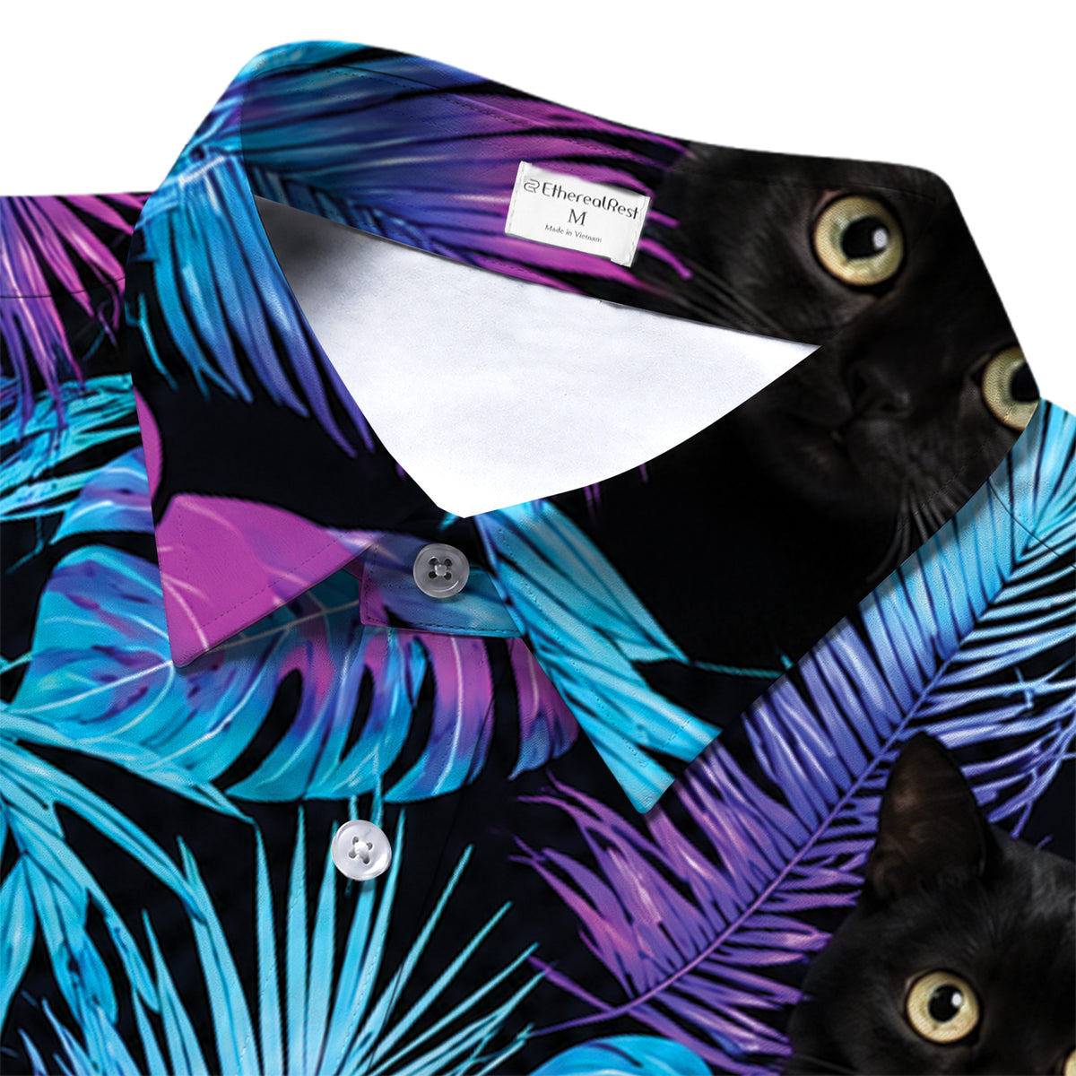 Black Cat Neon Tropical Leaf Short Sleeve Button-Up Shirt