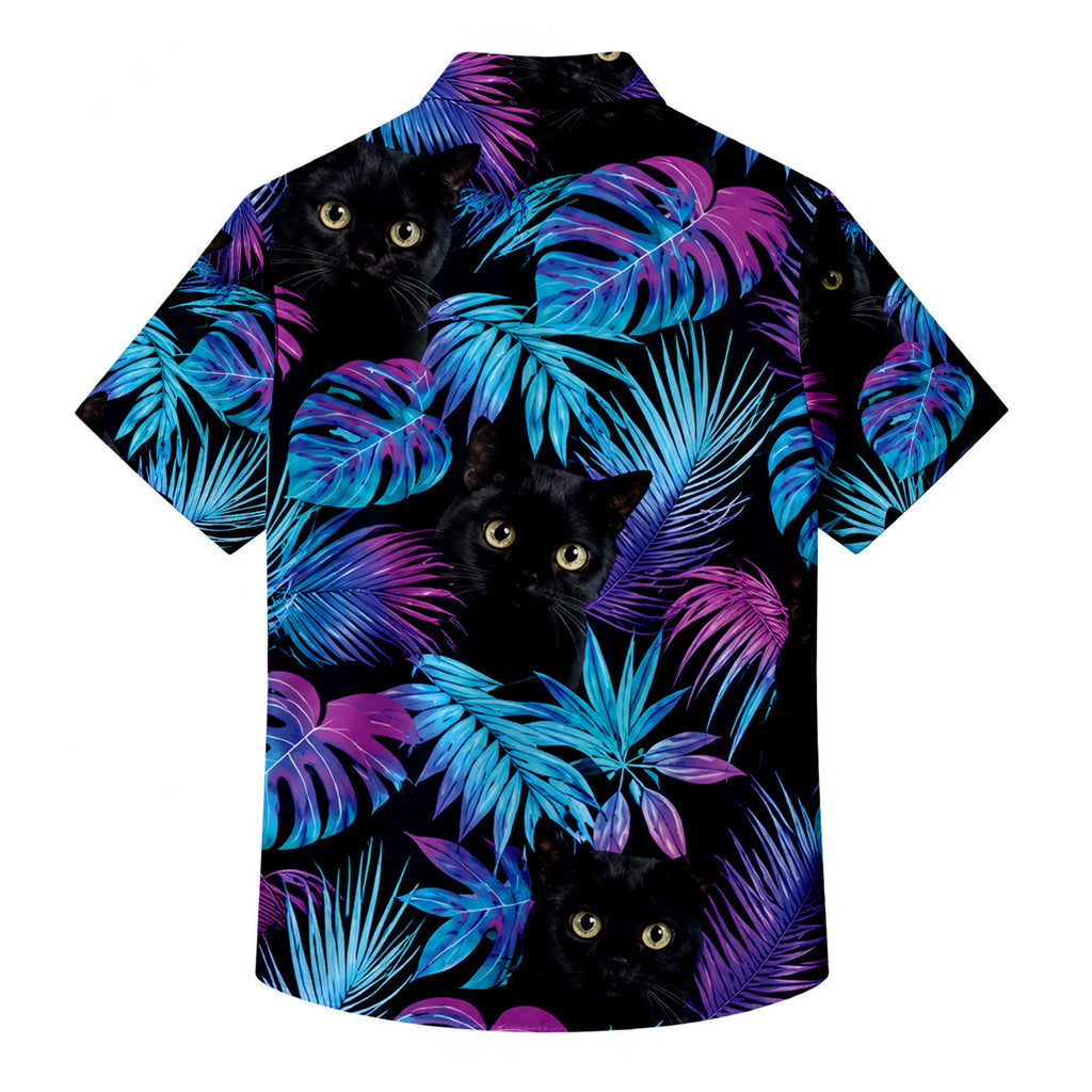 Black Cat Neon Tropical Leaf Short Sleeve Button-Up Shirt