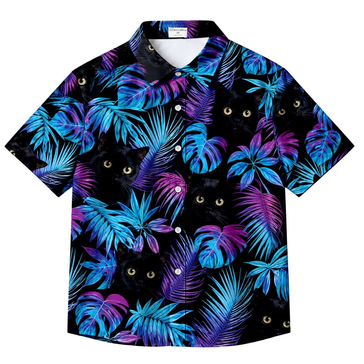 Black Cat Neon Tropical Leaf Short Sleeve Button-Up Shirt