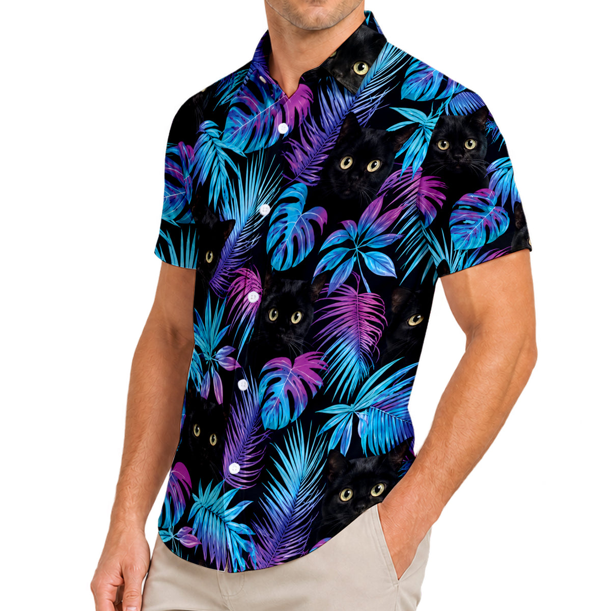 Black Cat Neon Tropical Leaf Short Sleeve Button-Up Shirt