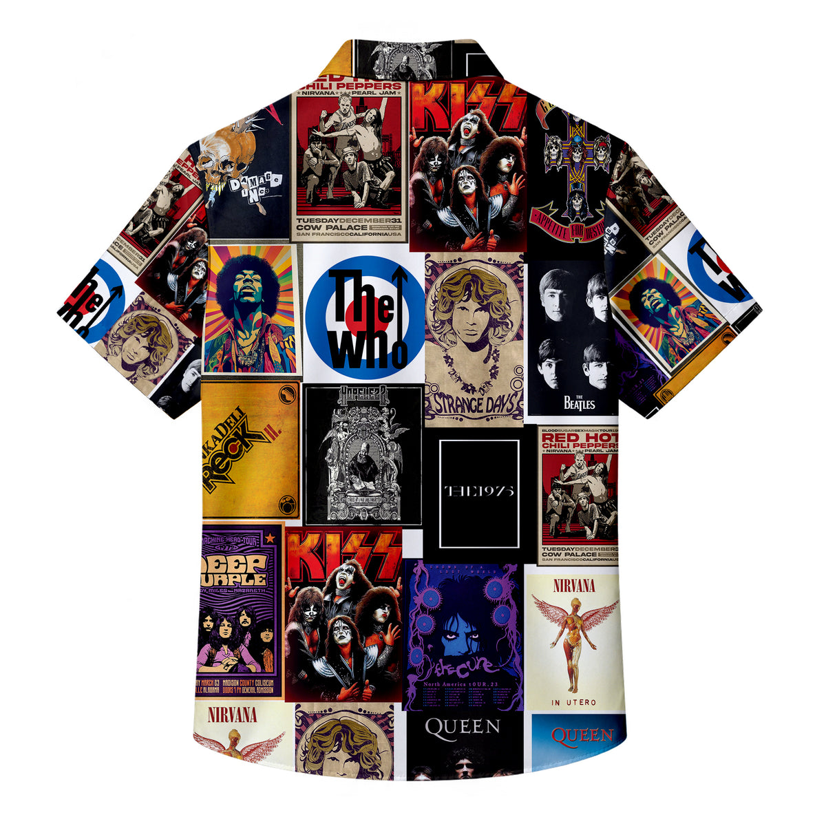 Black Classic Rock Band Album Collage Short Sleeve Button-Up Shirt