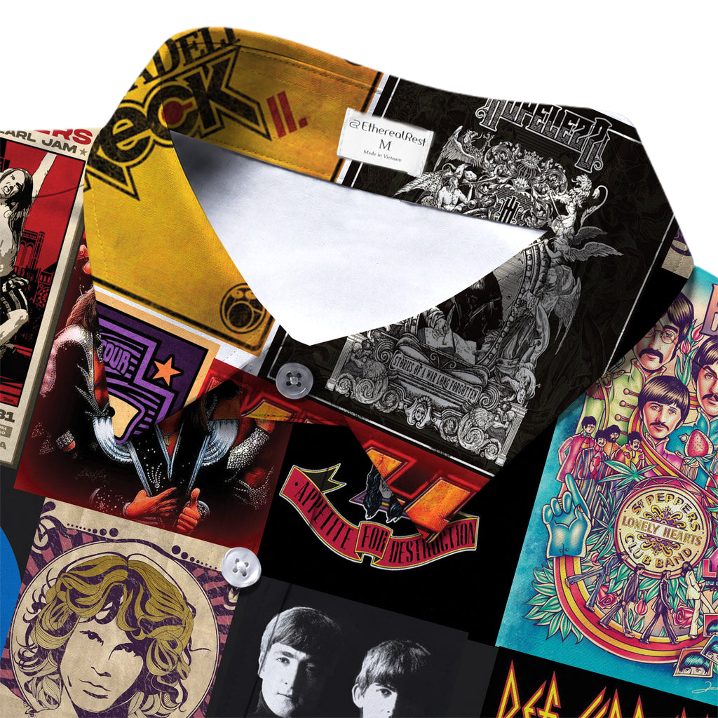 Black Classic Rock Band Album Collage Short Sleeve Button-Up Shirt