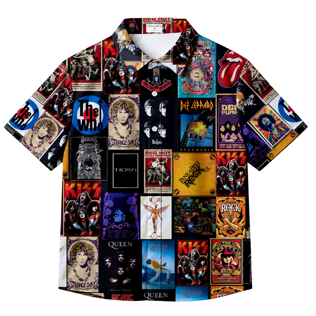 Black Classic Rock Band Album Collage Short Sleeve Button-Up Shirt