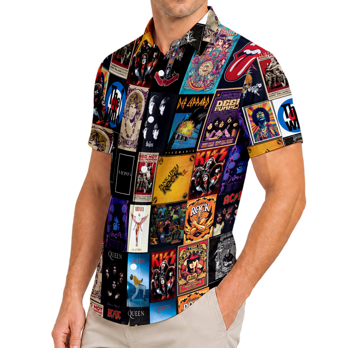 Black Classic Rock Band Album Collage Short Sleeve Button-Up Shirt