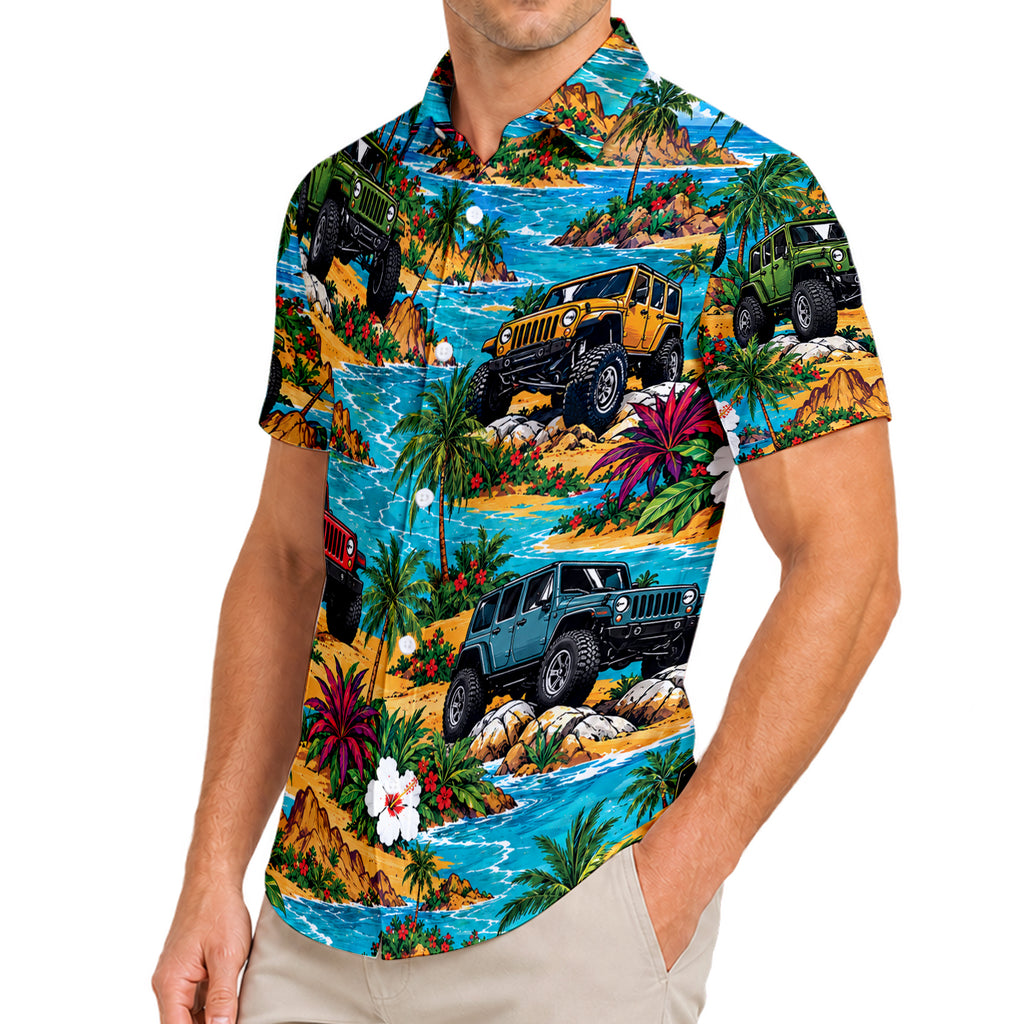 Tropical Jeep Off-Road Beach Palm Tree Short Sleeve Button-Up Shirt