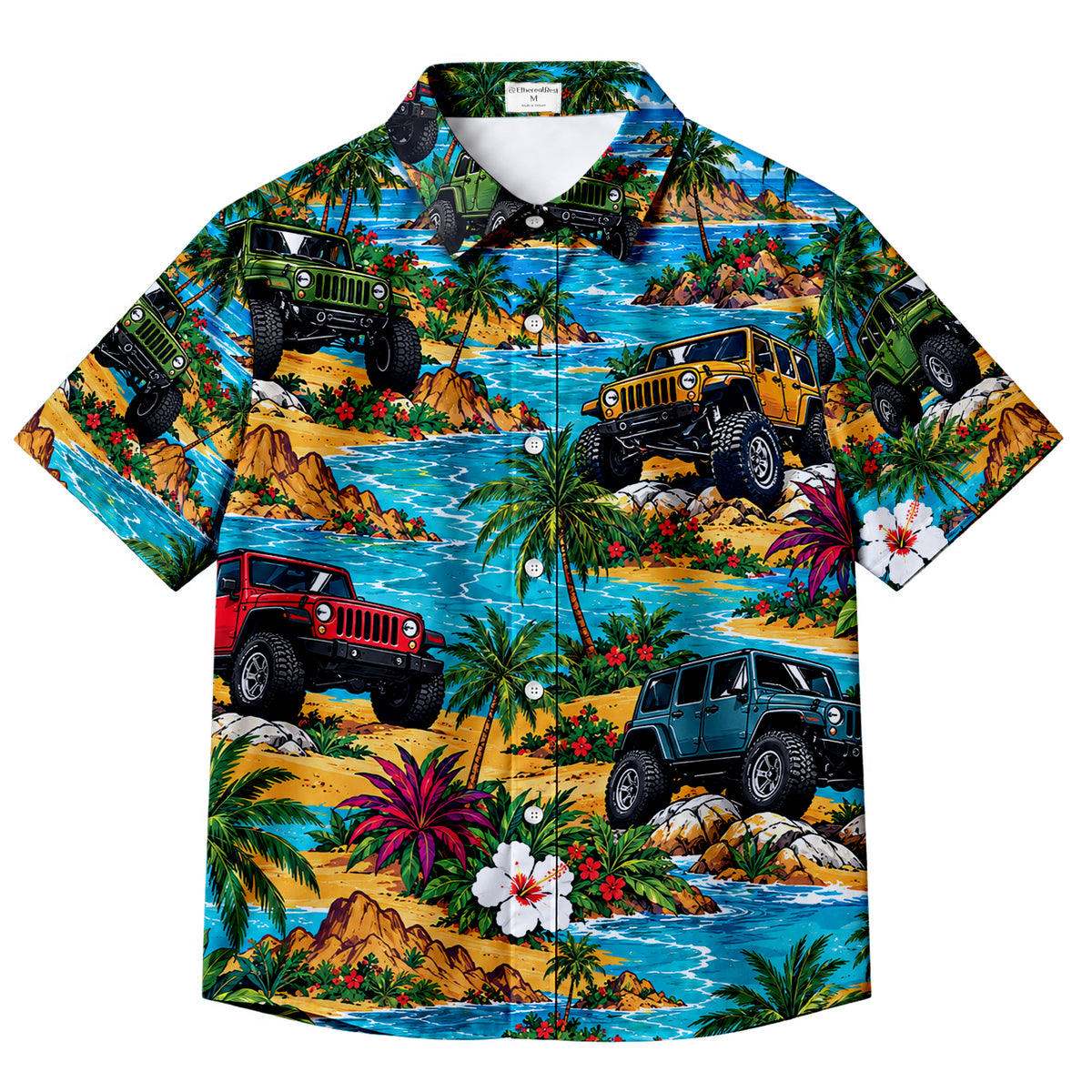 Tropical Jeep Off-Road Beach Palm Tree Short Sleeve Button-Up Shirt