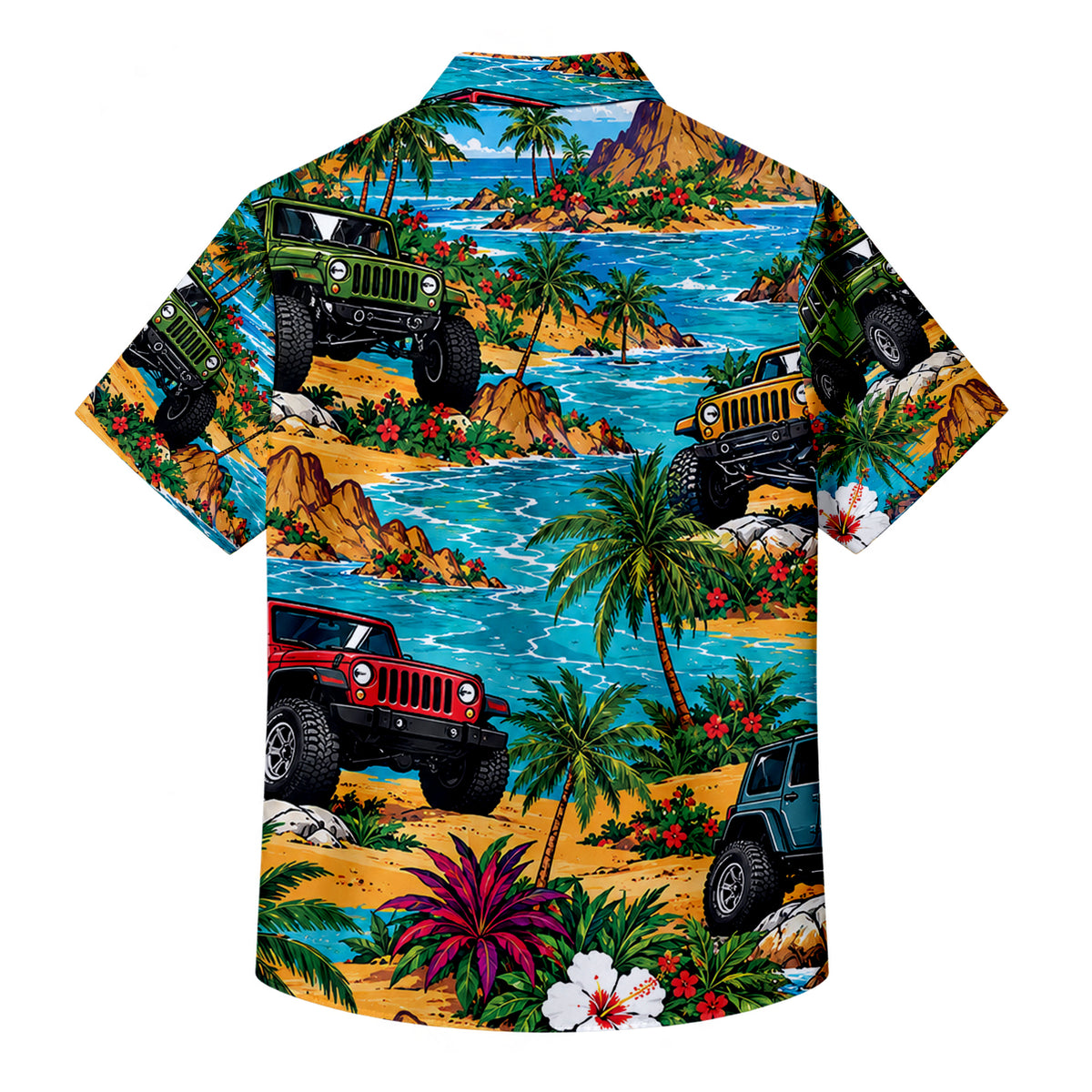 Tropical Jeep Off-Road Beach Palm Tree Short Sleeve Button-Up Shirt