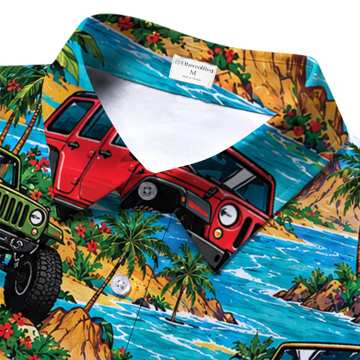 Tropical Jeep Off-Road Beach Palm Tree Short Sleeve Button-Up Shirt