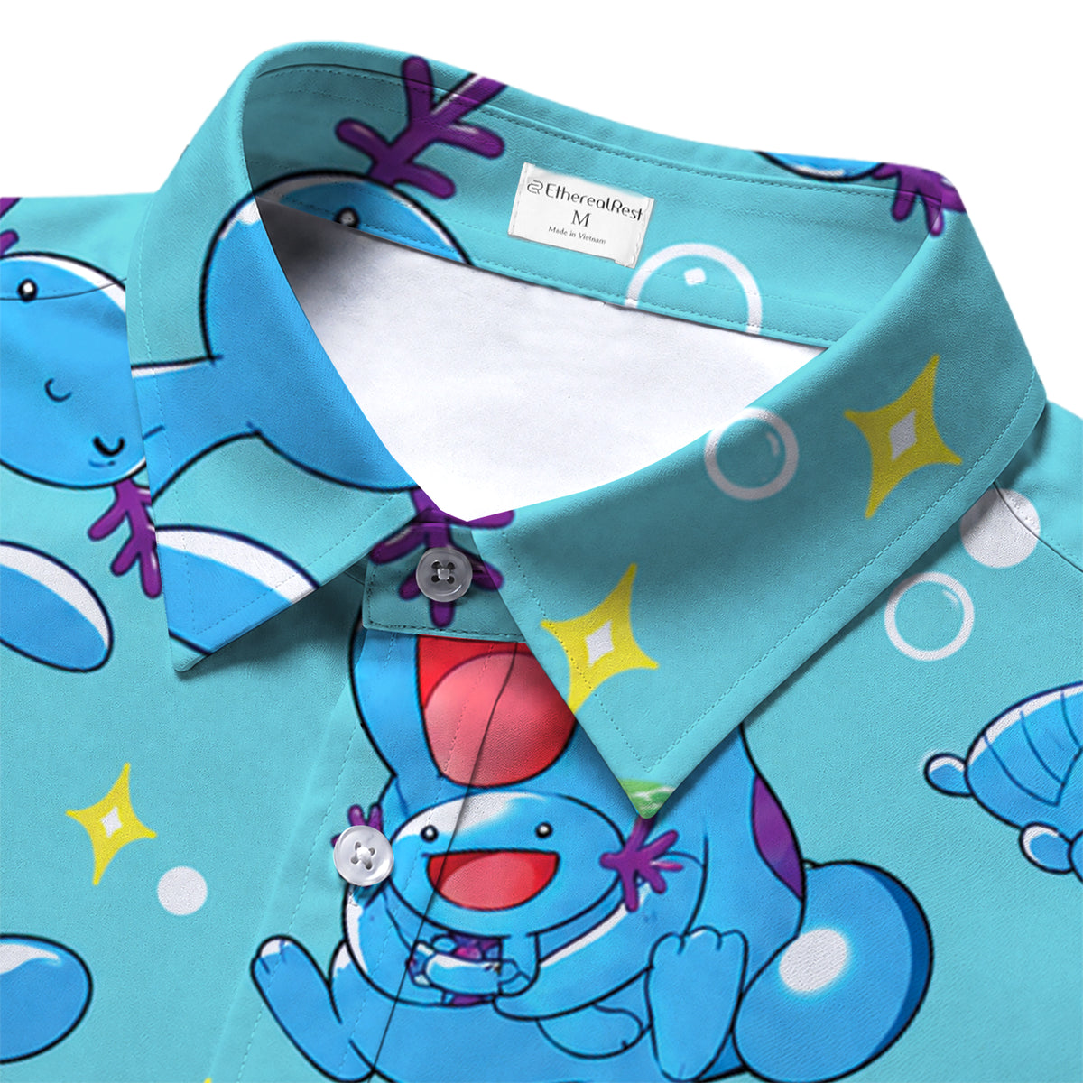 Aqua Wooper Pokémon Water Lily Pattern Short Sleeve Button-Up Shirt
