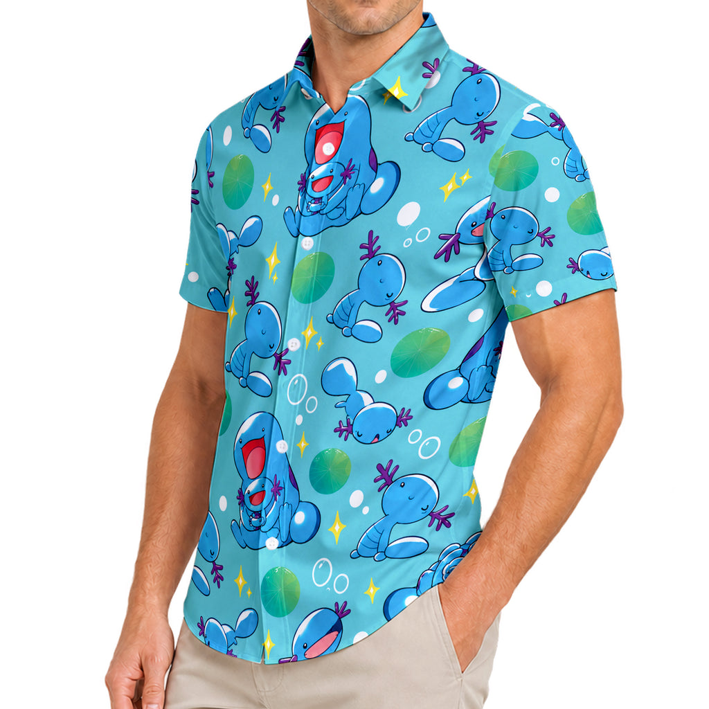 Aqua Wooper Pokémon Water Lily Pattern Short Sleeve Button-Up Shirt