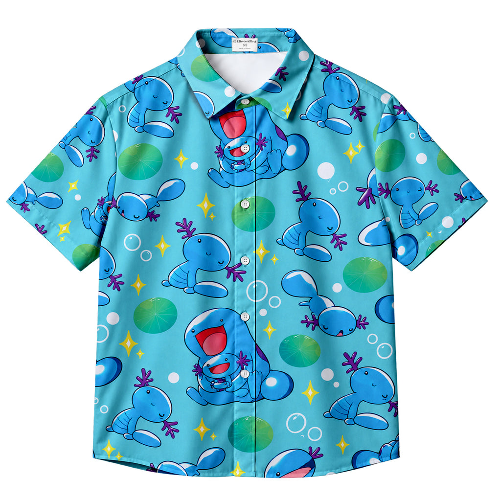 Aqua Wooper Pokémon Water Lily Pattern Short Sleeve Button-Up Shirt