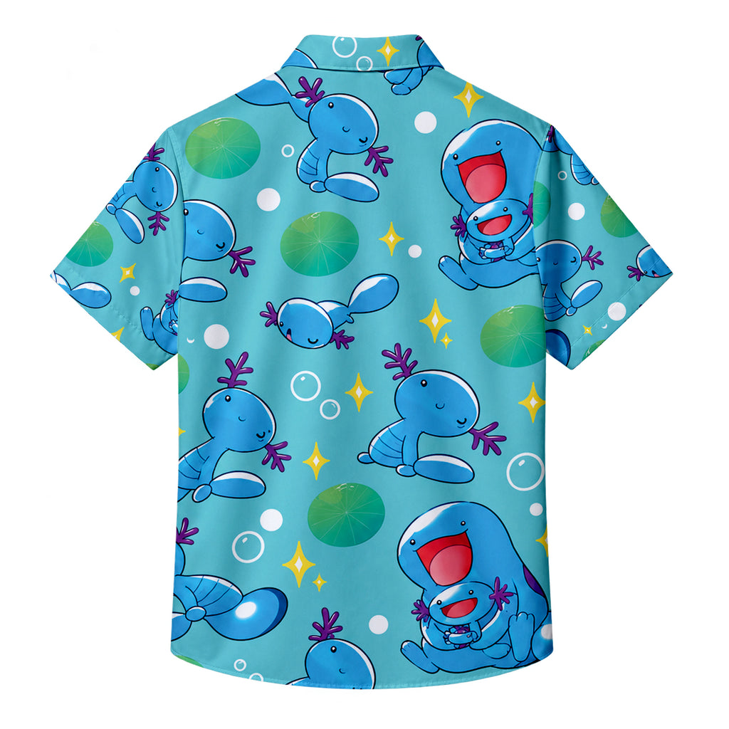 Aqua Wooper Pokémon Water Lily Pattern Short Sleeve Button-Up Shirt