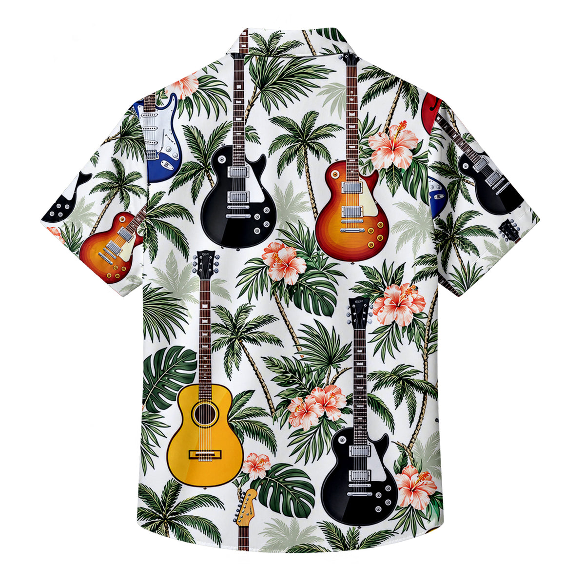 White Tropical Guitar Hibiscus Palm Tree Short Sleeve Button-Up Shirt