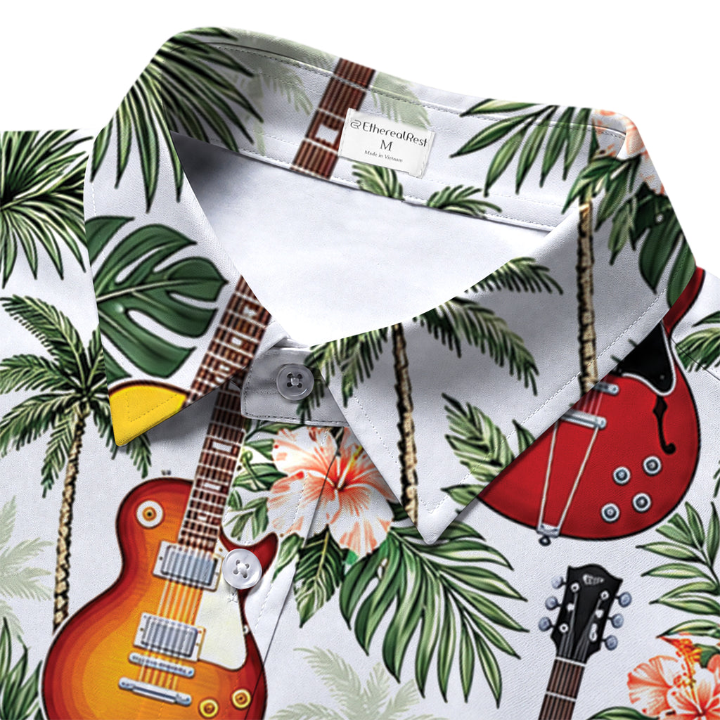 White Tropical Guitar Hibiscus Palm Tree Short Sleeve Button-Up Shirt