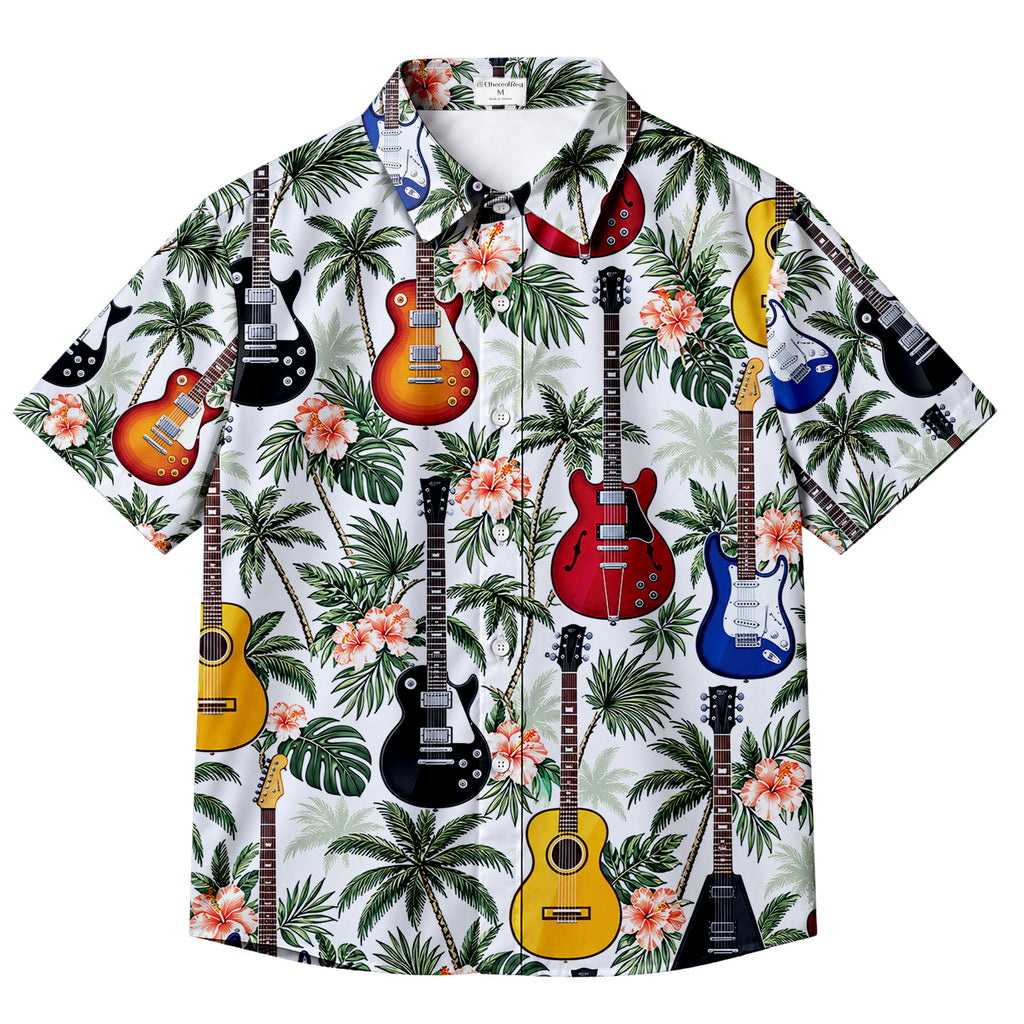 White Tropical Guitar Hibiscus Palm Tree Short Sleeve Button-Up Shirt