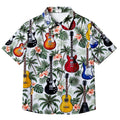 White Tropical Guitar Hibiscus Palm Tree Short Sleeve Button-Up Shirt