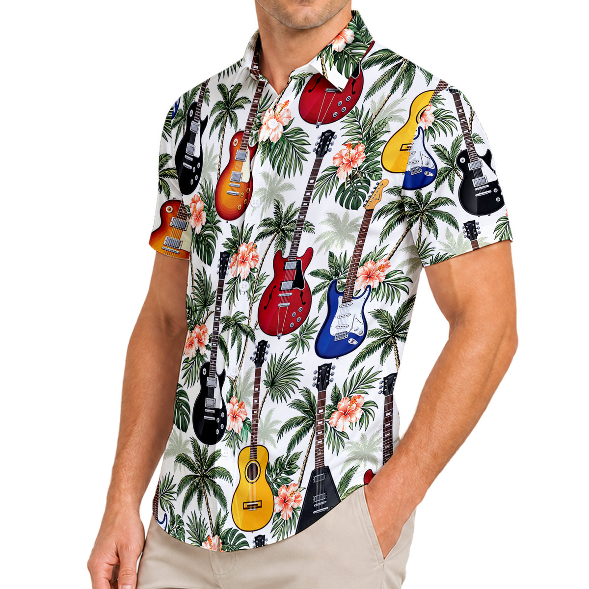 White Tropical Guitar Hibiscus Palm Tree Short Sleeve Button-Up Shirt
