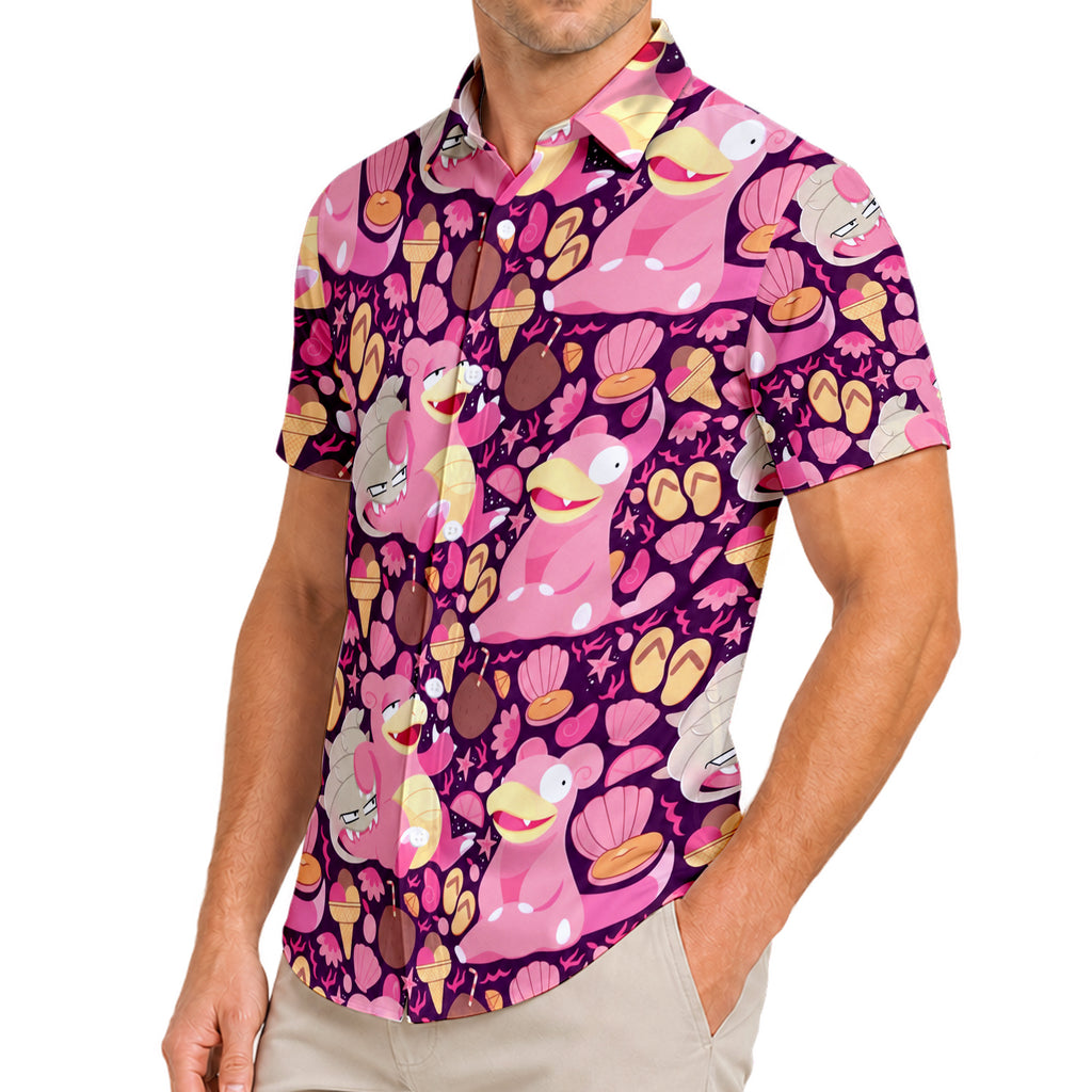 Pink Slowpoke Slowbro Beach Pattern Short Sleeve Button-Up Shirt
