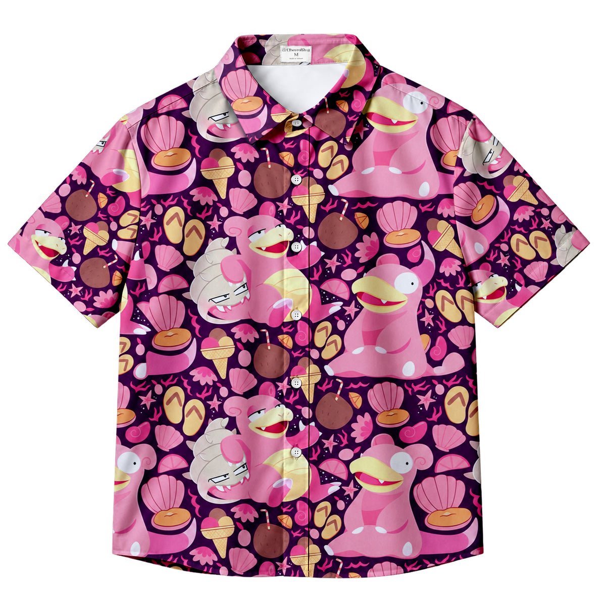 Pink Slowpoke Slowbro Beach Pattern Short Sleeve Button-Up Shirt