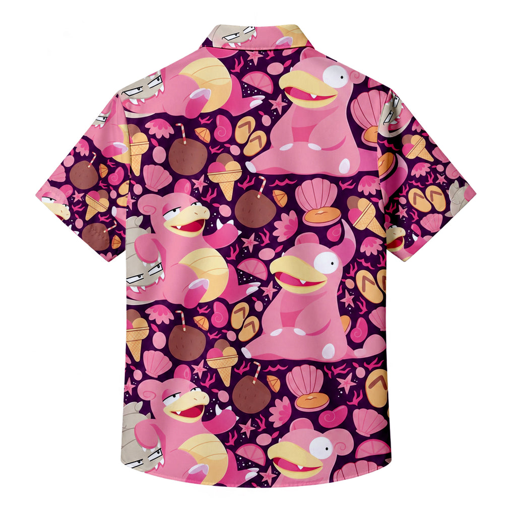 Pink Slowpoke Slowbro Beach Pattern Short Sleeve Button-Up Shirt