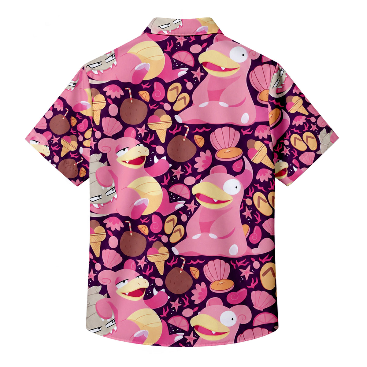 Pink Slowpoke Slowbro Beach Pattern Short Sleeve Button-Up Shirt