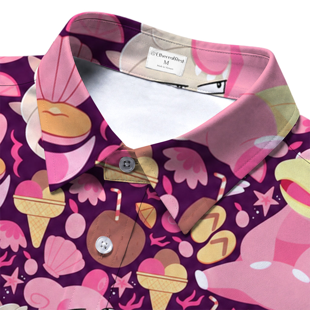 Pink Slowpoke Slowbro Beach Pattern Short Sleeve Button-Up Shirt