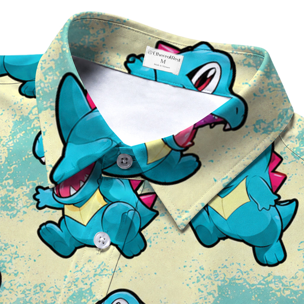 Aqua Totodile Poké Ball Pattern Short Sleeve Button-Up Shirt