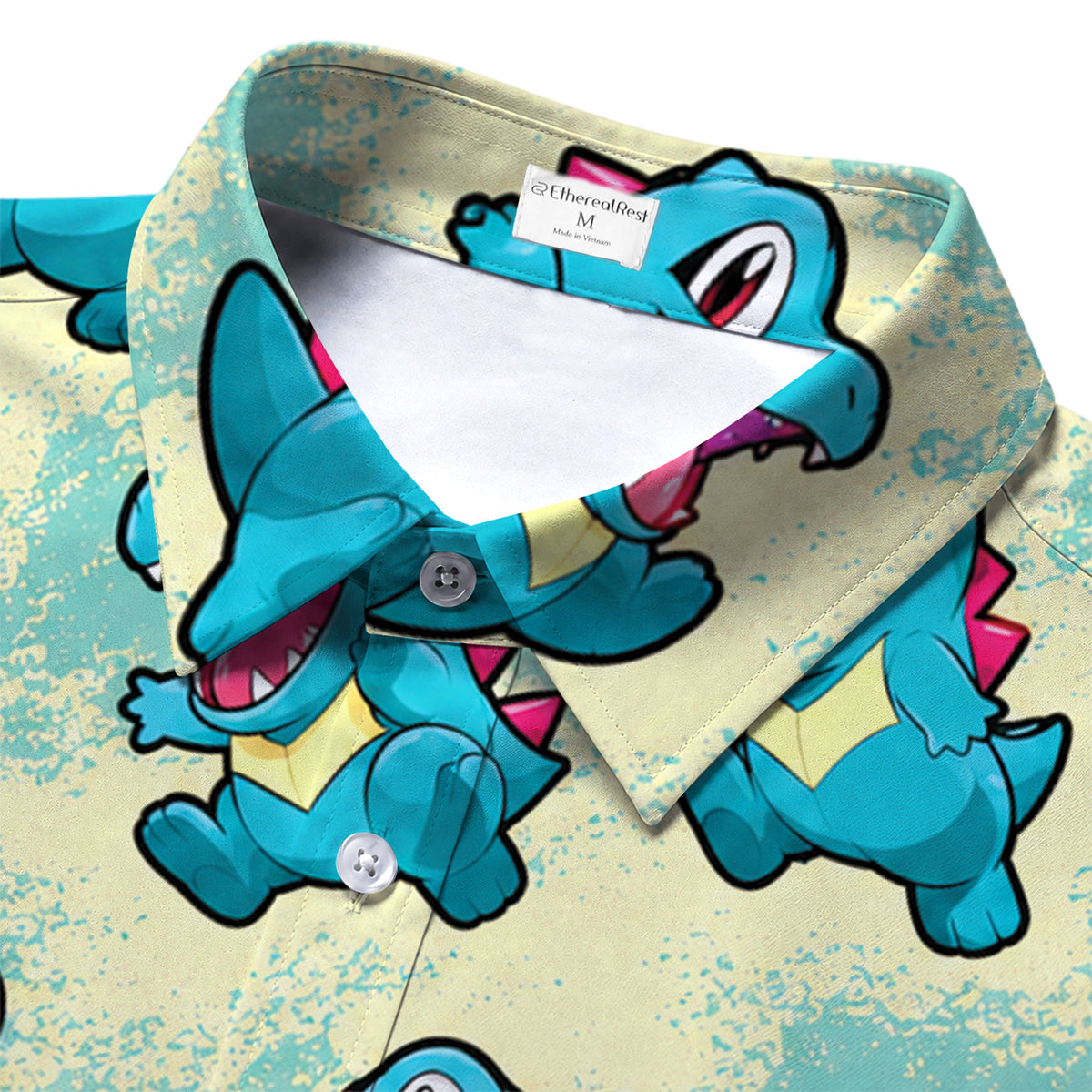 Aqua Totodile Poké Ball Pattern Short Sleeve Button-Up Shirt
