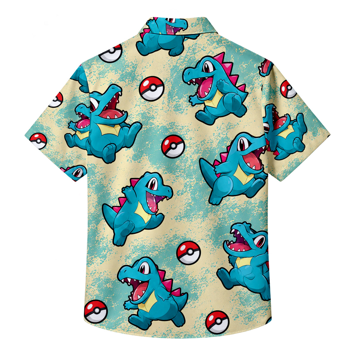 Aqua Totodile Poké Ball Pattern Short Sleeve Button-Up Shirt