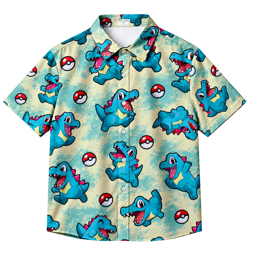 Aqua Totodile Poké Ball Pattern Short Sleeve Button-Up Shirt