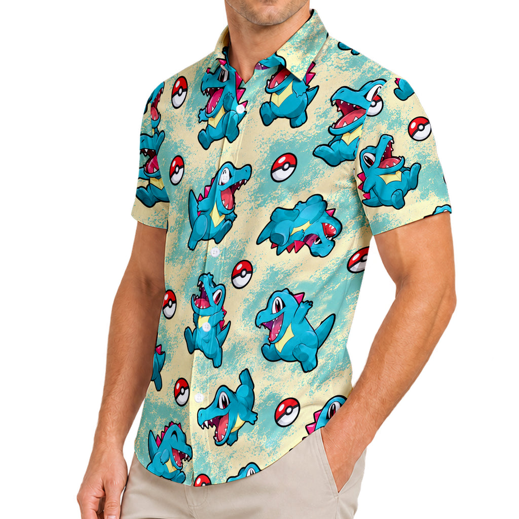 Aqua Totodile Poké Ball Pattern Short Sleeve Button-Up Shirt