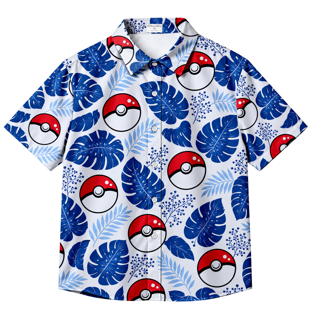 White Blue Poké Ball Tropical Leaf Short Sleeve Button-Up Shirt
