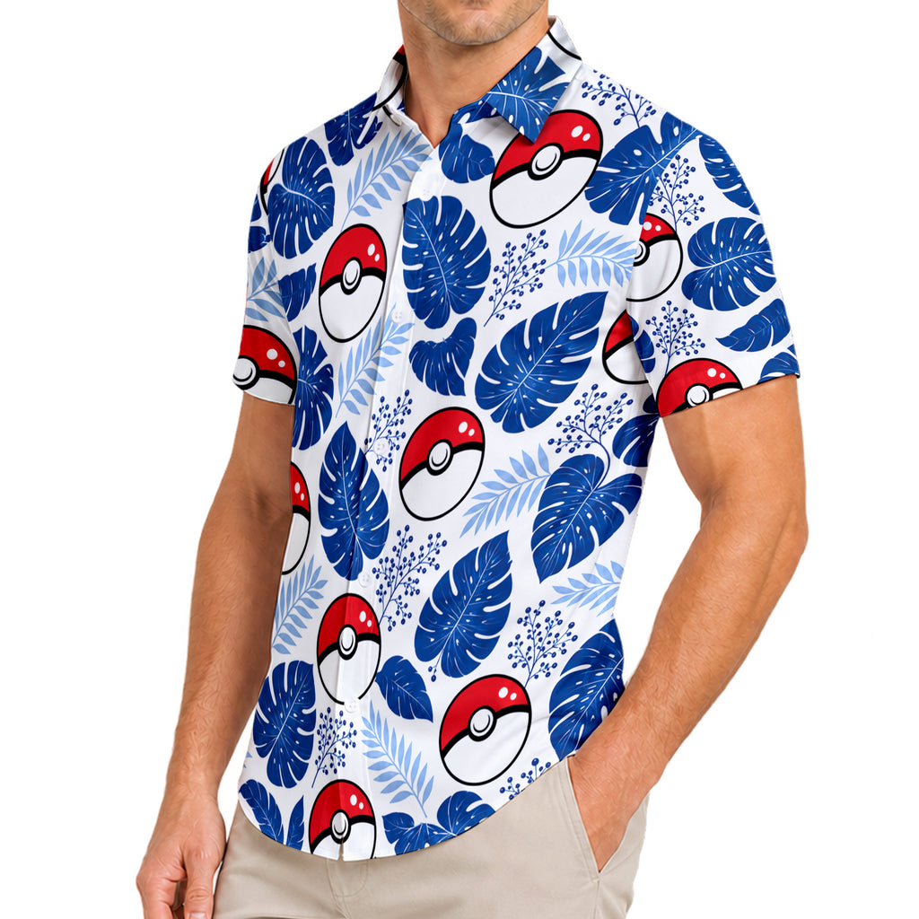 White Blue Poké Ball Tropical Leaf Short Sleeve Button-Up Shirt