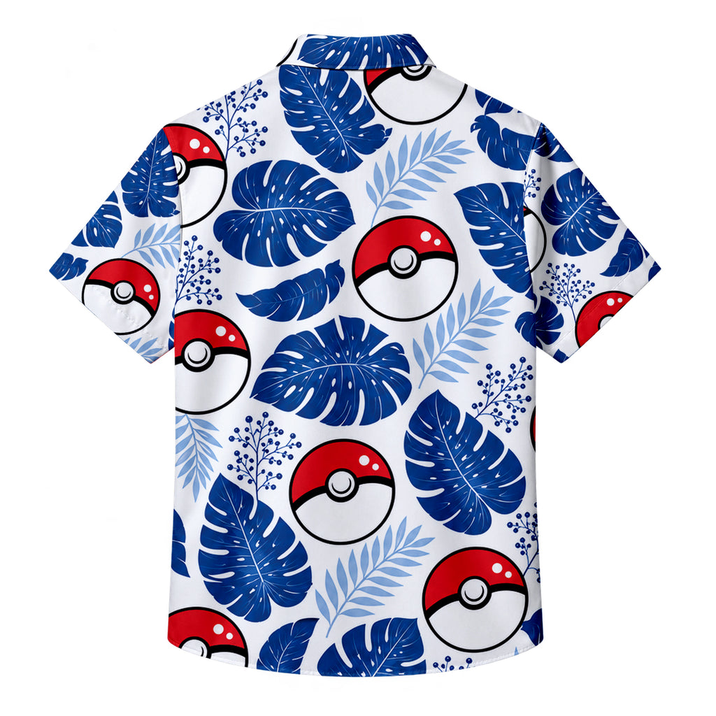 White Blue Poké Ball Tropical Leaf Short Sleeve Button-Up Shirt