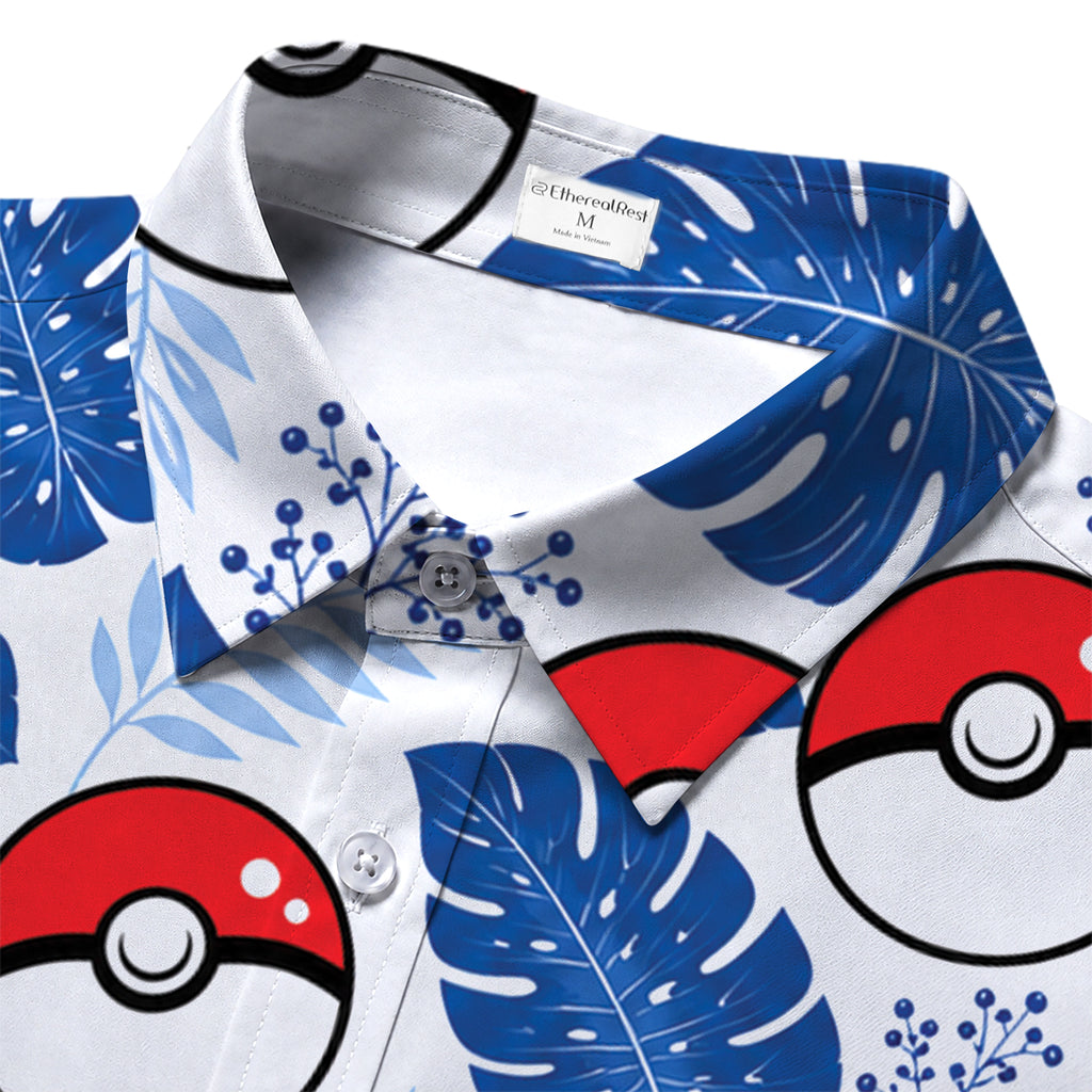 White Blue Poké Ball Tropical Leaf Short Sleeve Button-Up Shirt