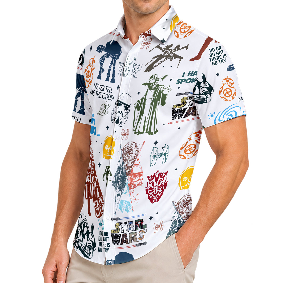 White Star Wars Character Quotes Collage Short Sleeve Button-Up Shirt