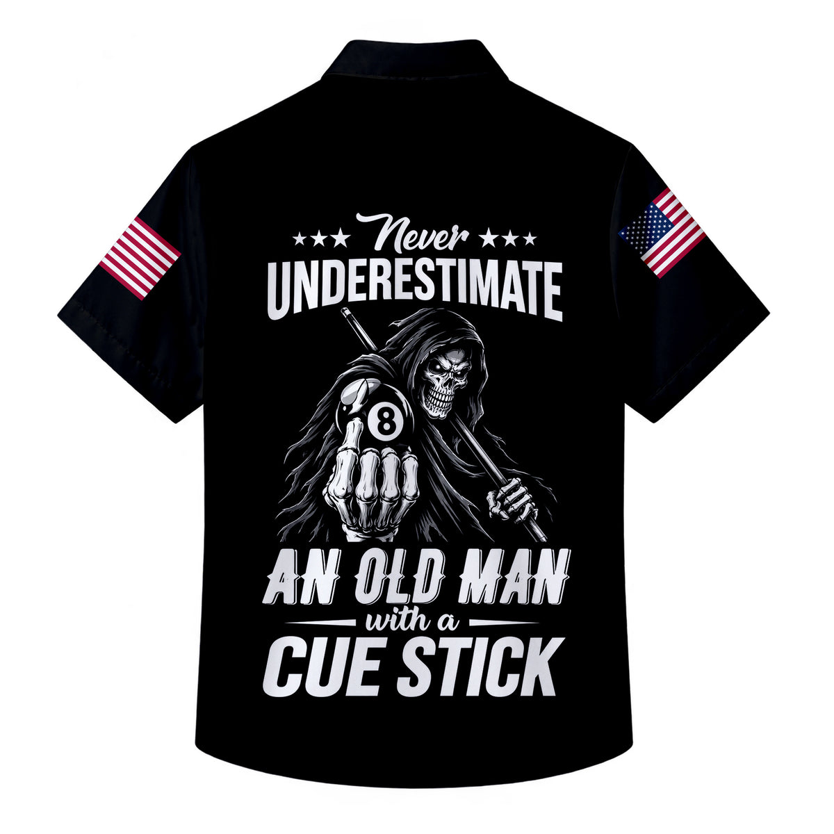 Skull Billiards Pool Cue American Flag Short Sleeve Button-Up Shirt