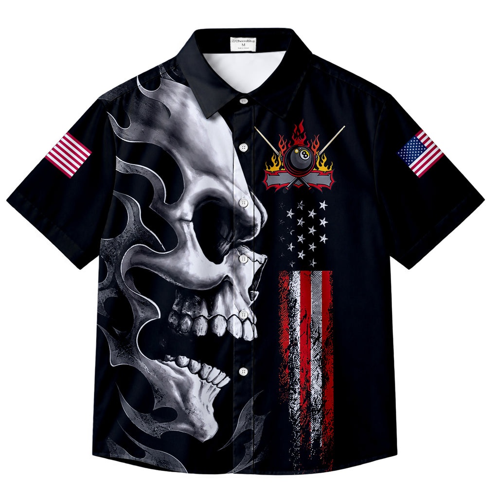 Skull Billiards Pool Cue American Flag Short Sleeve Button-Up Shirt