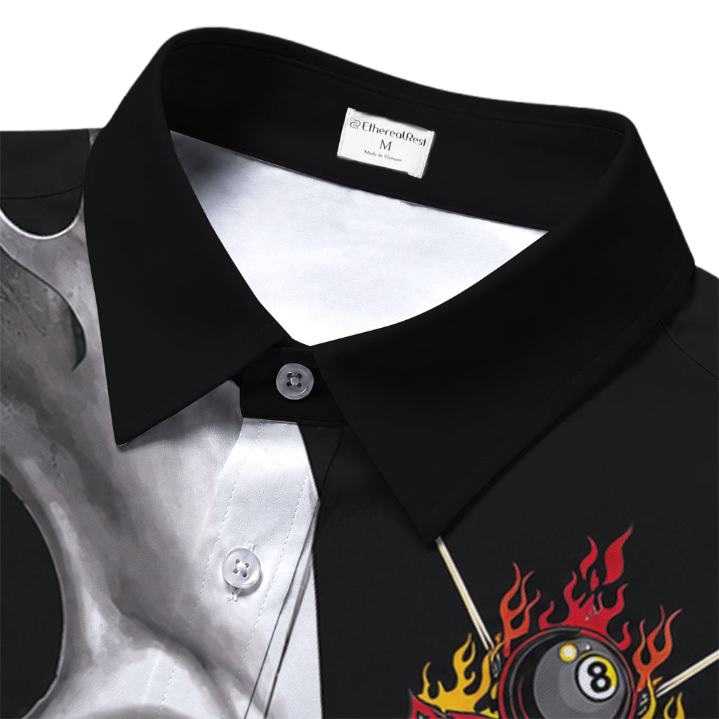 Skull Billiards Pool Cue American Flag Short Sleeve Button-Up Shirt