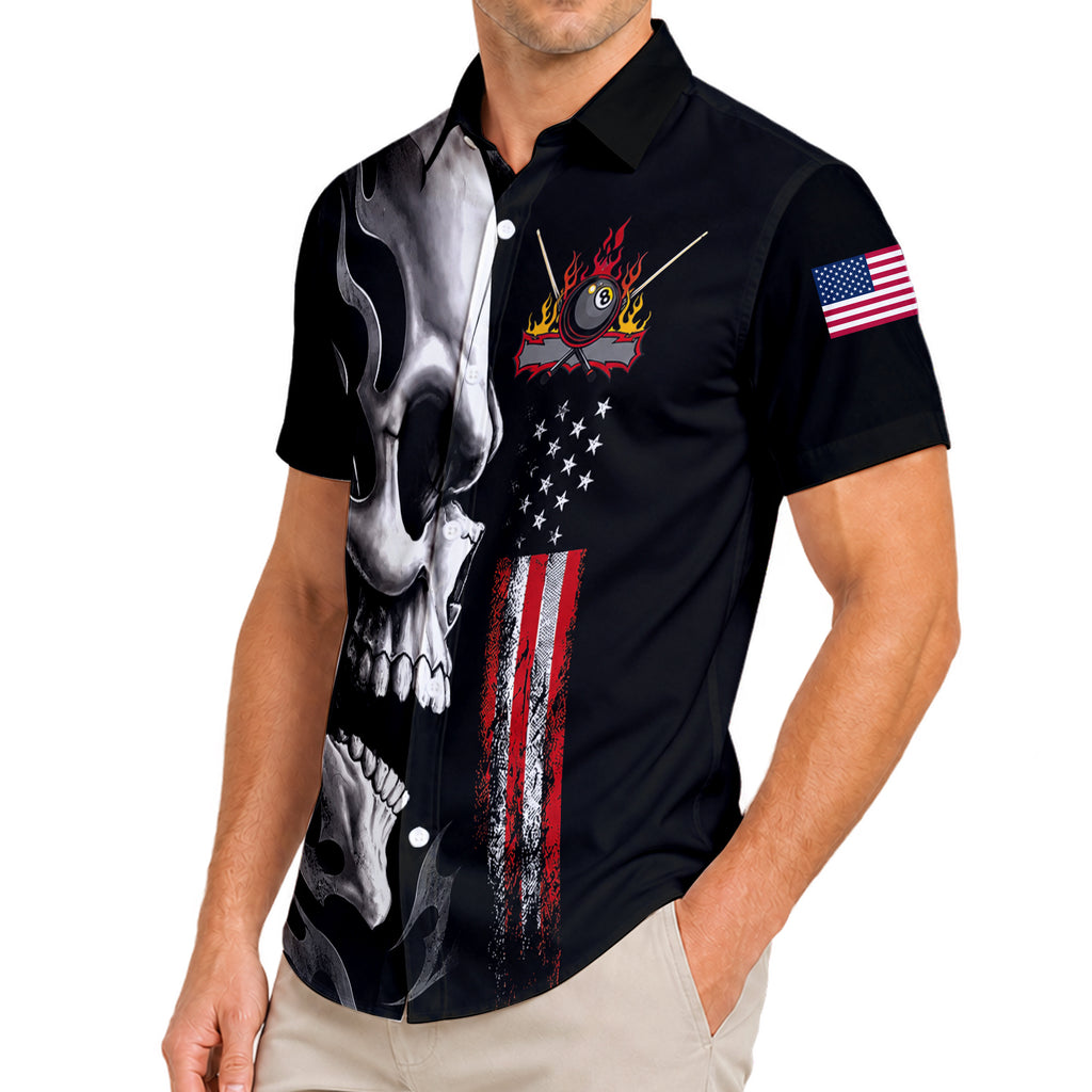 Skull Billiards Pool Cue American Flag Short Sleeve Button-Up Shirt