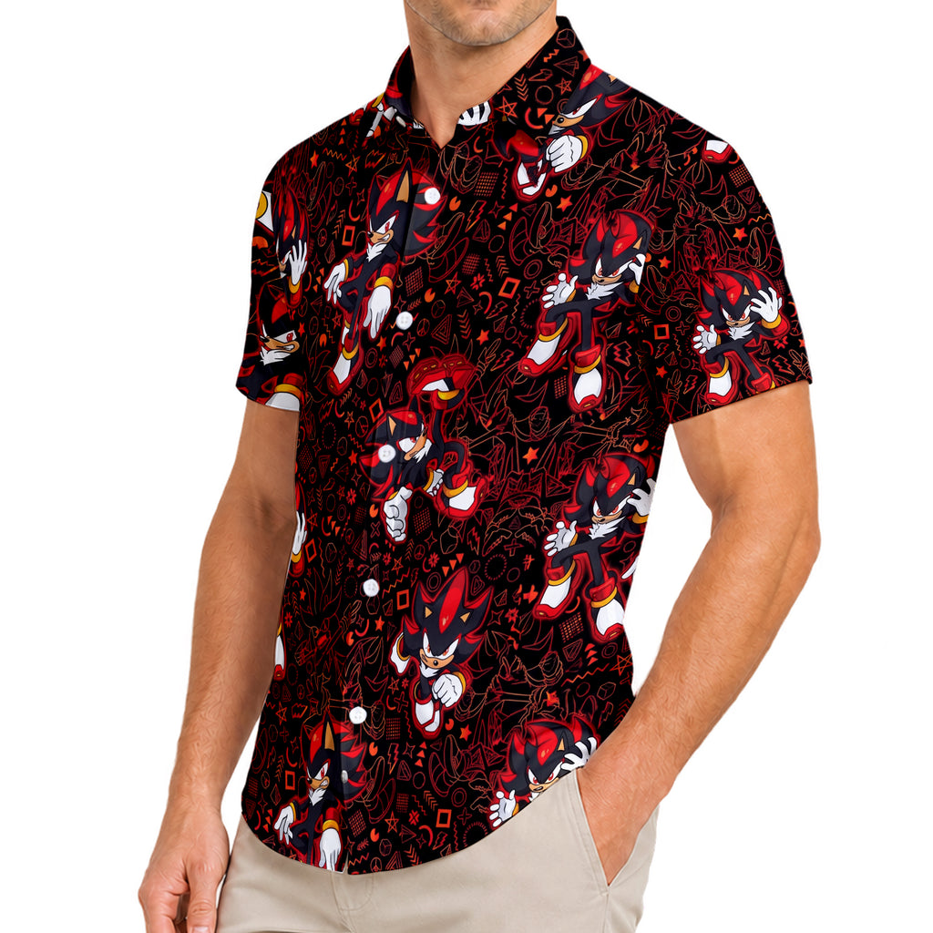 Black Red Shadow the Hedgehog Character Pattern Short Sleeve Button-Up Shirt