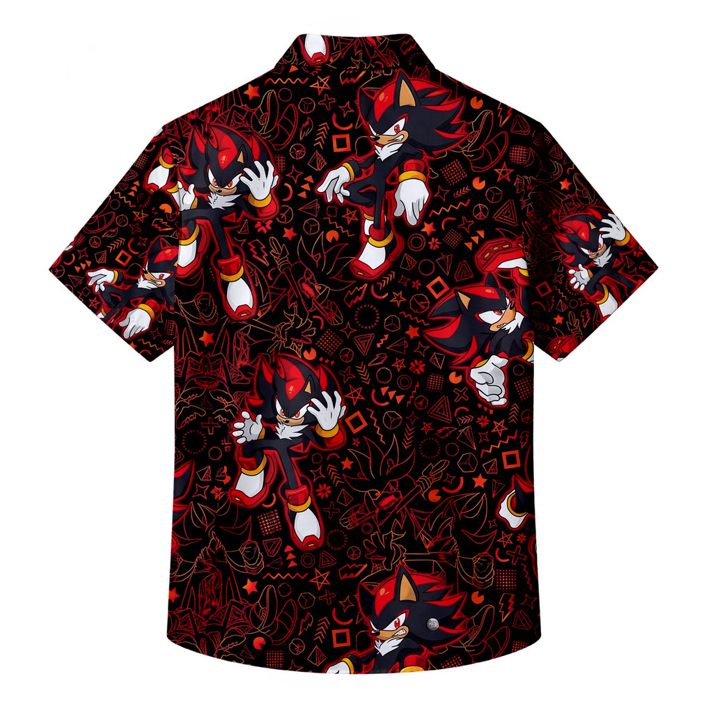 Black Red Shadow the Hedgehog Character Pattern Short Sleeve Button-Up Shirt