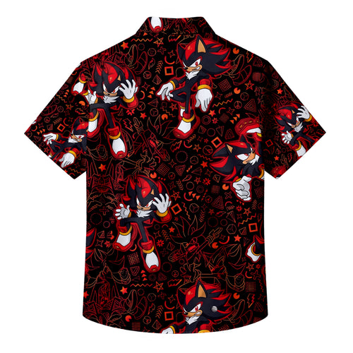 Black Red Shadow the Hedgehog Character Pattern Short Sleeve Button-Up Shirt