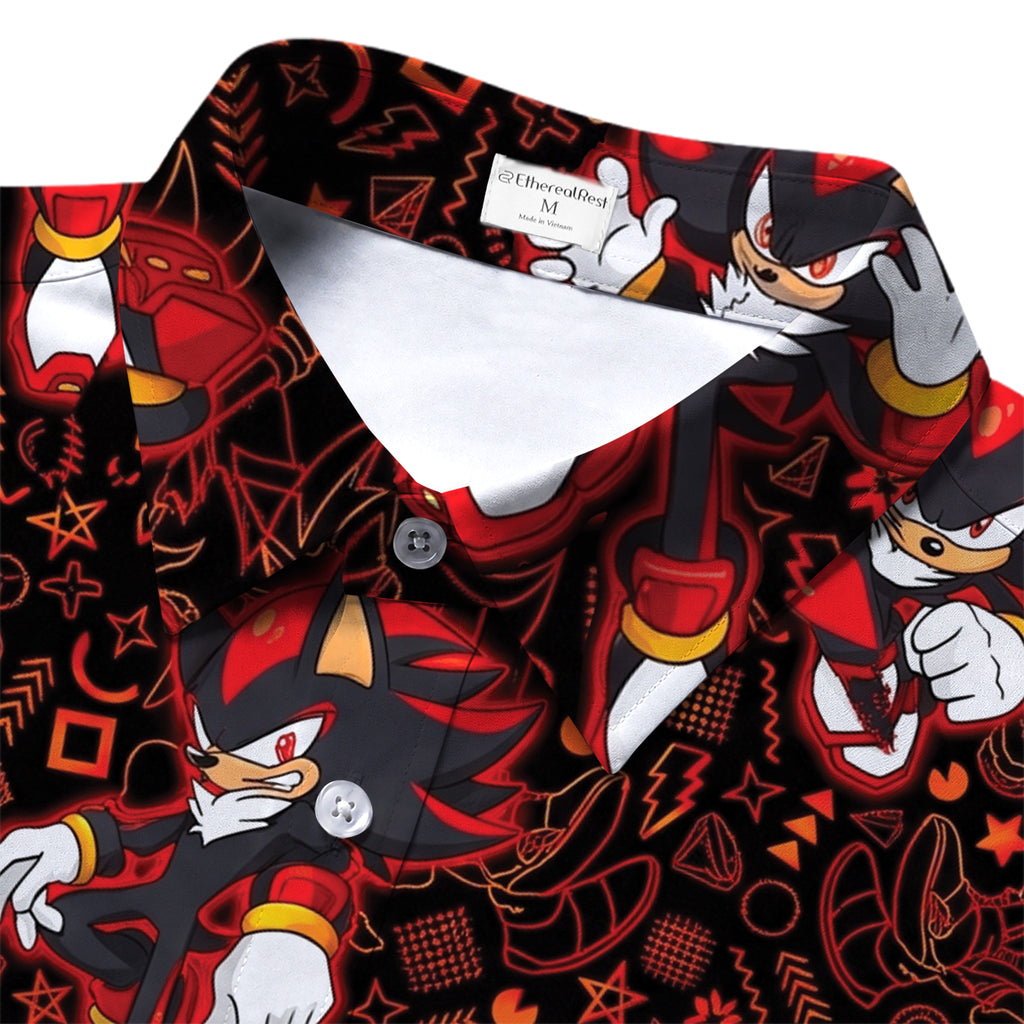 Black Red Shadow the Hedgehog Character Pattern Short Sleeve Button-Up Shirt