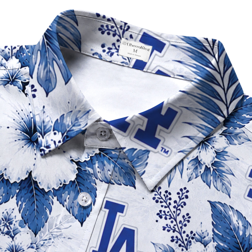 White Blue Los Angeles Dodgers Hibiscus Floral Short Sleeve Button-Up Shirt